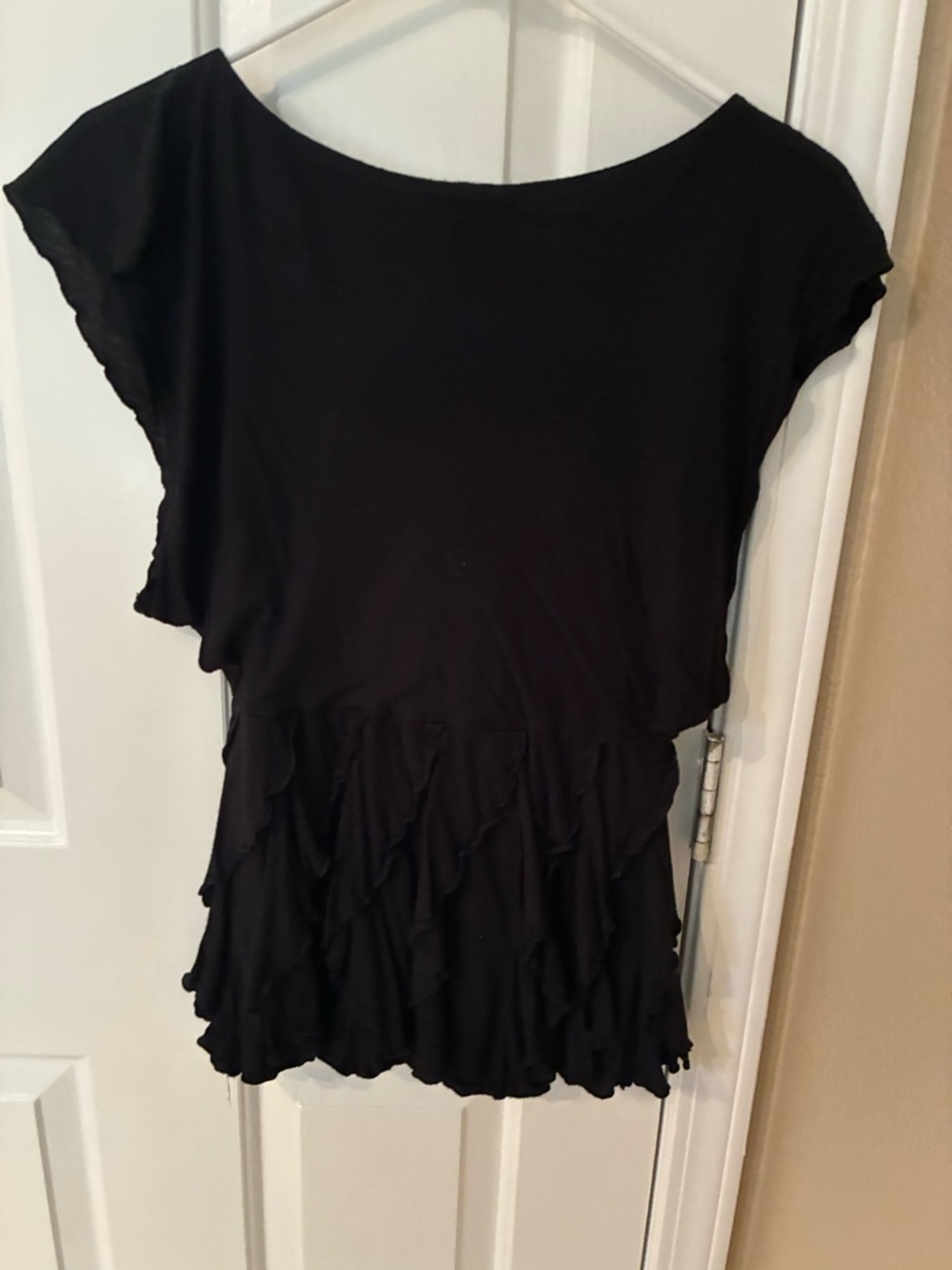 Aqua Black Short Sleeve Ruffle Top
